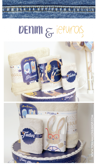 Trusou de botez cu iepuras brodat din denim si blue jeans, Iepurasul fashionist 3